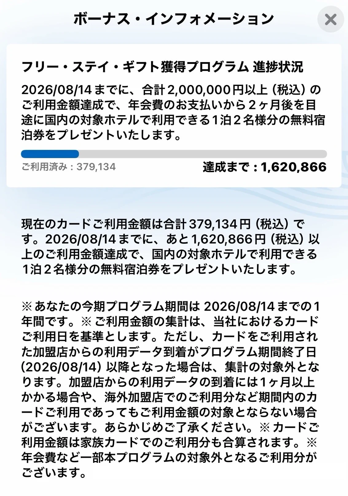 フリー・ステイ・ギフト獲得プログラムの進捗画面(ご利用済み379,134円、達成まで1,620,866円)