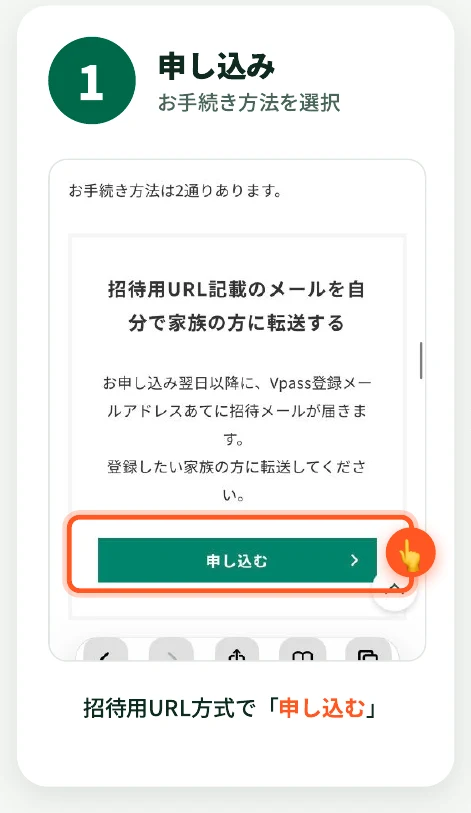 家族ポイントのお手続き方法の画面で、招待用URL記載のメールを自分で家族に転送する方法の「申し込む」ボタンをタップする様子