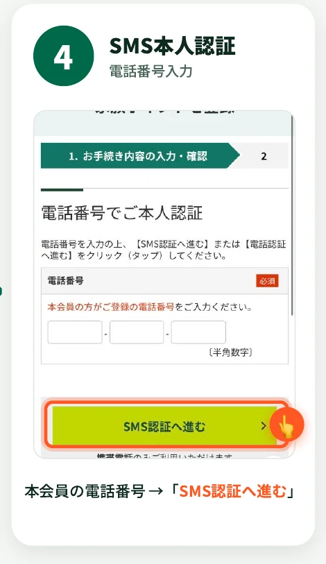 電話番号でのご本人認証画面で本会員の電話番号を入力し「SMS認証へ進む」ボタンをタップする様子
