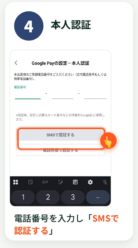 Google Payの設定の本人認証画面で電話番号を入力し「SMSで認証する」をタップする様子