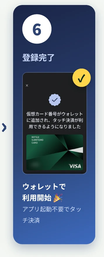 仮想カード番号がウォレットに追加され、タッチ決済が利用できるようになったことを示す完了画面