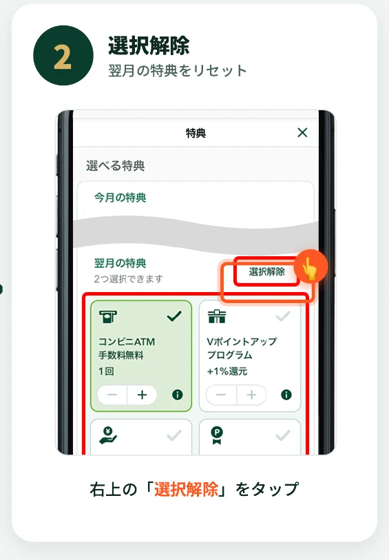 翌月の特典一覧で『Vポイントアッププログラム +1%還元』の＋ボタンを赤枠で示した画面