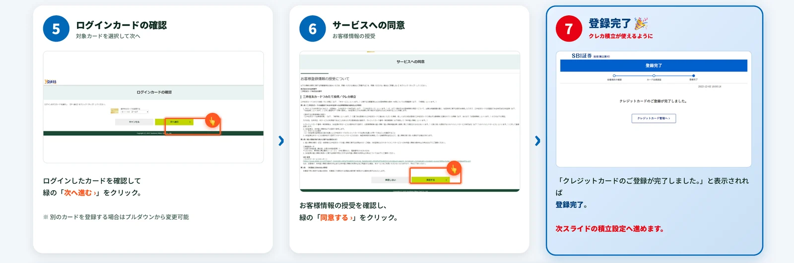 Vpassの「ログインカードの確認」で「次へ進む」、「サービスへの同意」で「同意する」をクリックし、SBI証券に「クレジットカードのご登録が完了しました。」と表示されるまでの3つの画面