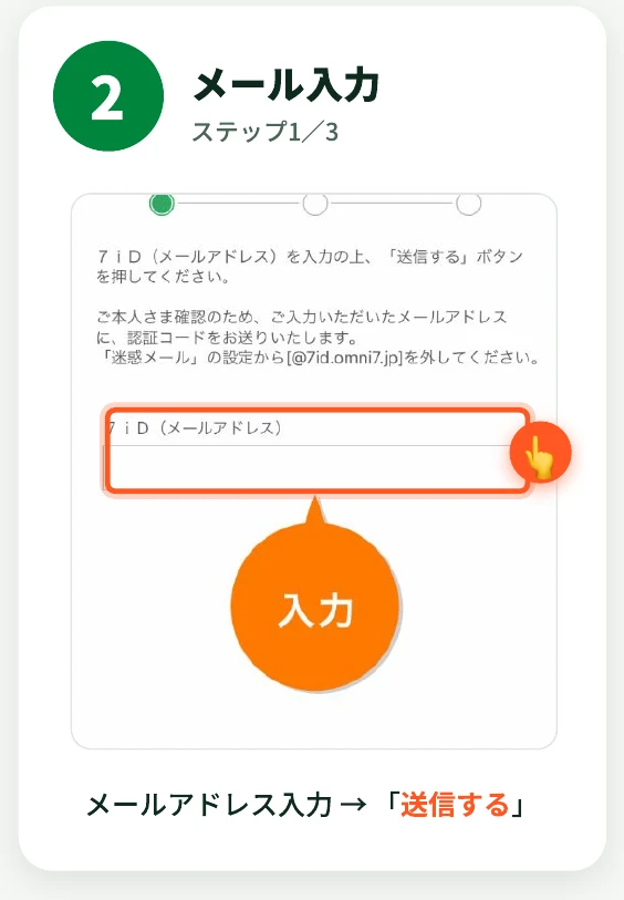 7iD(メールアドレス)の入力欄にアドレスを入力する画面(ステップ1/3)