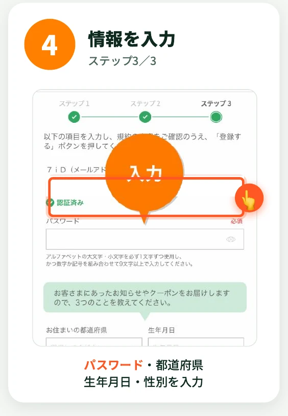 パスワード、お住まいの都道府県、生年月日などを入力する画面(ステップ3/3)