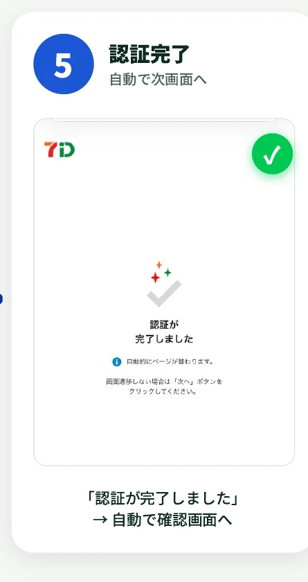 7iDの画面に『認証が完了しました』と表示されている様子